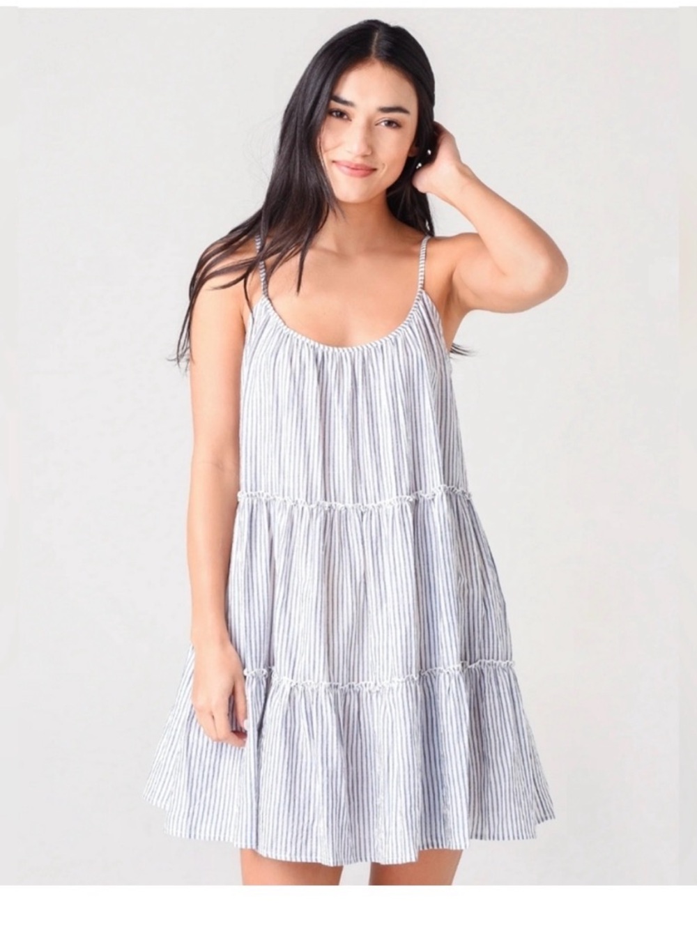 Eberjey Light Blue & White Striped Tiered Spaghetti-Strap Mini Dress